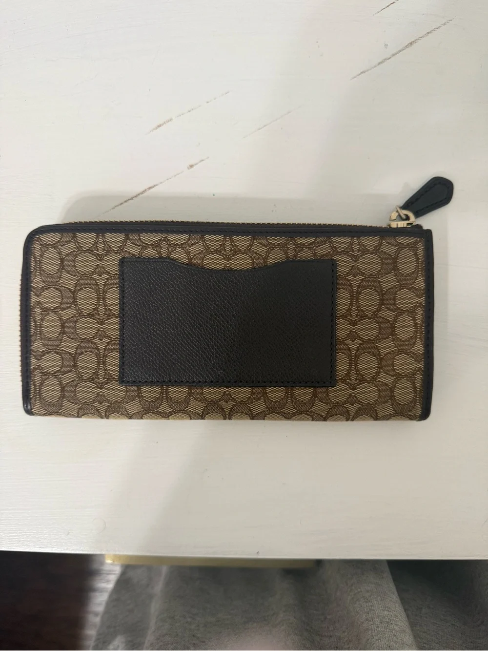 Coach Zip Wallet in Brown Signature Canvas with Black Trim